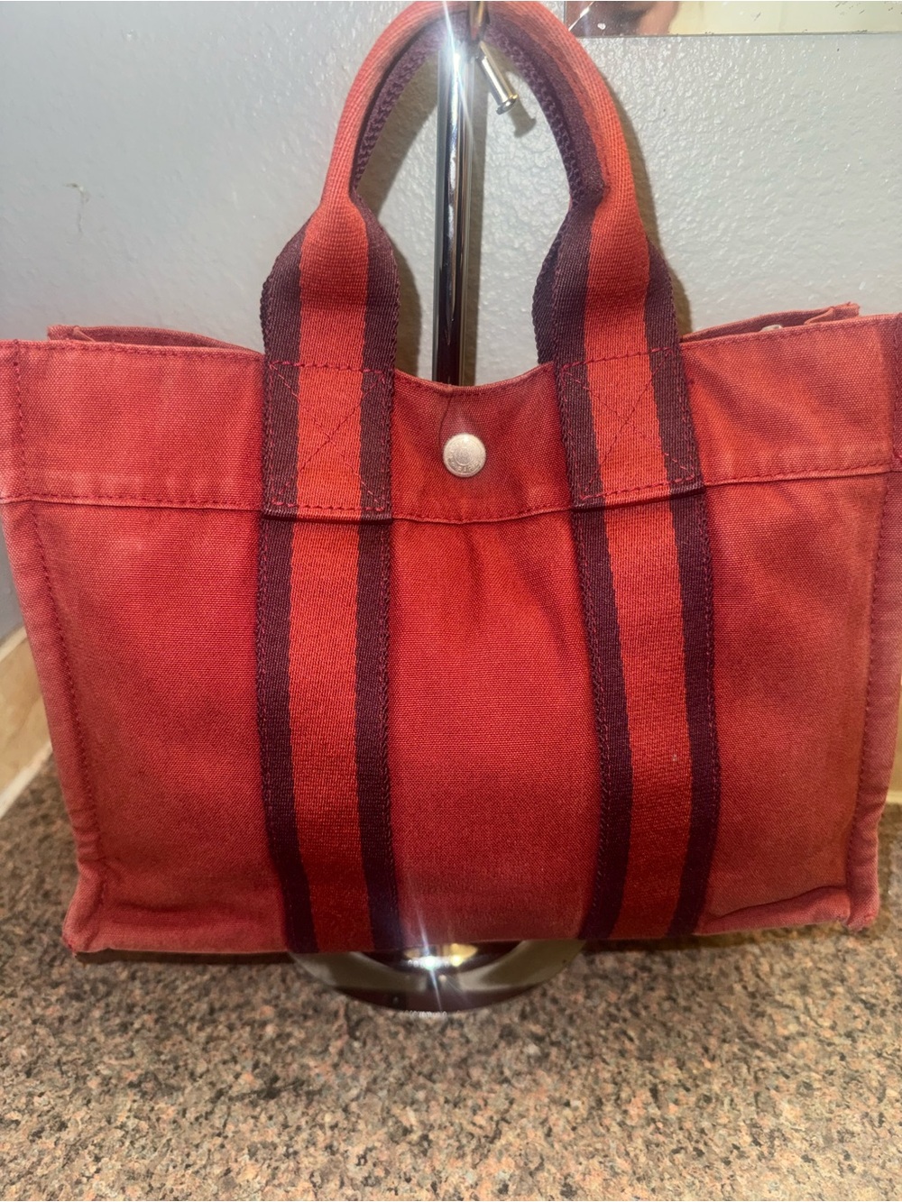 Hermes Red Canvas Tote with Dark Stripe Handles EUC